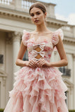 Floral Blush Ruffled Square Neck A Line Long Prom Dress with Keyhole