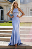 Sparkly Light Blue Mermaid Satin Beaded Halter Long Prom Dress