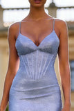 Sparkly Light Blue Sheath Spaghetti Straps Long Corset Prom Dress with Slit