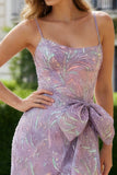 Sparkly Purple Sheath Sequin Spaghetti Straps Long Prom Dress with Slit