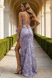 Sparkly Purple Sheath Sequin Spaghetti Straps Long Prom Dress with Slit