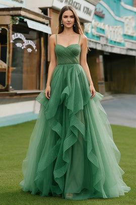 Sparkly Dark Green A Line Ruffled Spaghetti Straps Long Prom Dress with Beading