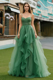 Sparkly Dark Green A Line Ruffled Spaghetti Straps Long Prom Dress with Beading