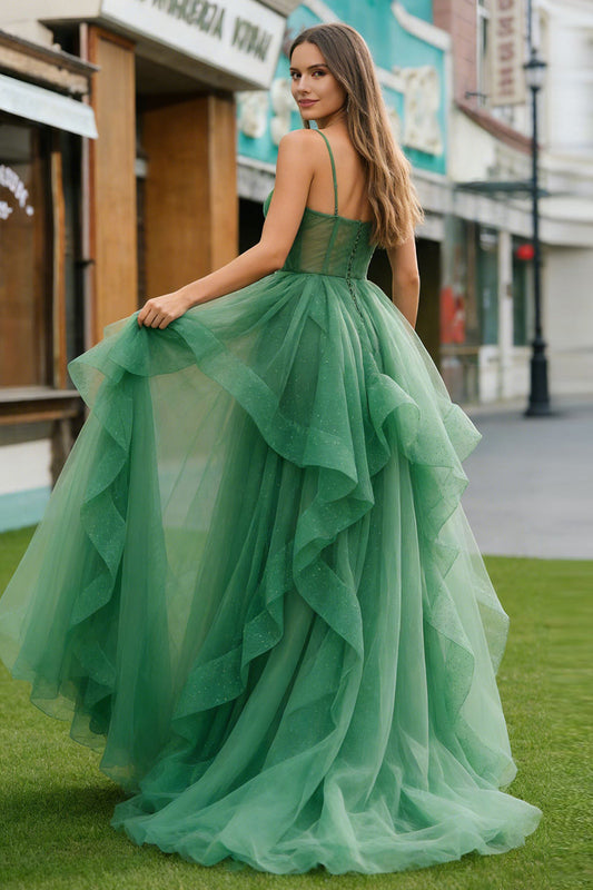 Sparkly Dark Green A Line Ruffled Spaghetti Straps Long Prom Dress with Beading