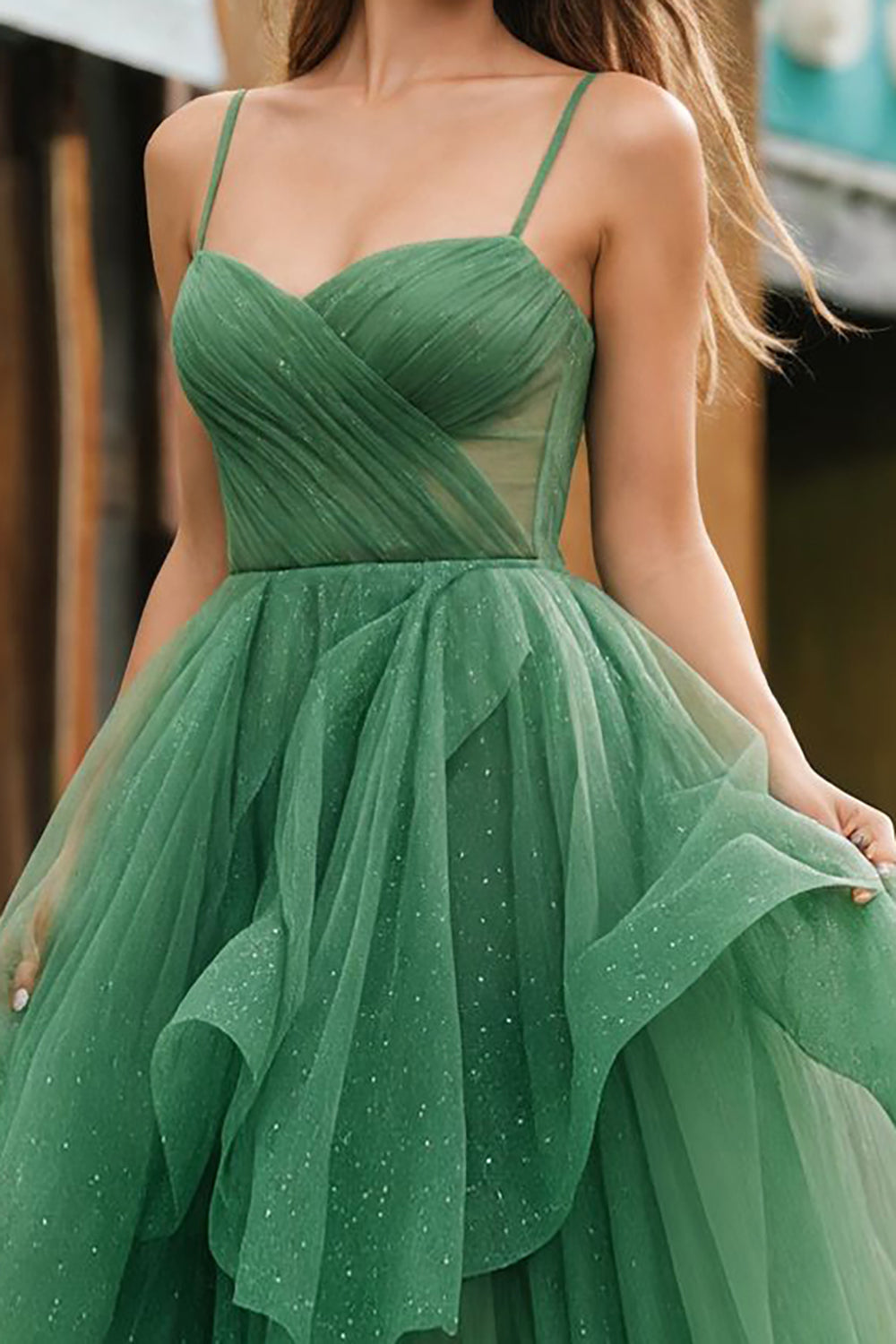 Sparkly Dark Green A Line Ruffled Spaghetti Straps Long Prom Dress with Beading