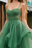 Sparkly Dark Green A Line Ruffled Spaghetti Straps Long Prom Dress with Beading