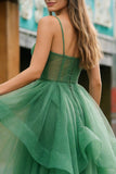 Sparkly Dark Green A Line Ruffled Spaghetti Straps Long Prom Dress with Beading