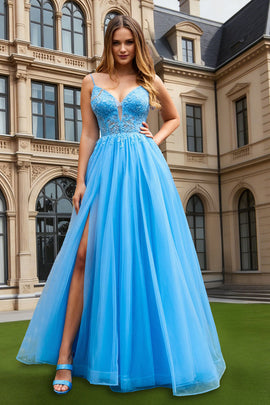 Sparkly Blue  A Line Tulle Spaghetti Straps Long Prom Dress with Slit