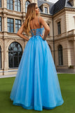 Sparkly Blue  A Line Tulle Spaghetti Straps Long Prom Dress with Slit