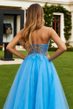 Sparkly Blue  A Line Tulle Spaghetti Straps Long Prom Dress with Slit