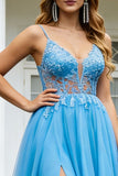 Sparkly Blue  A Line Tulle Spaghetti Straps Long Prom Dress with Slit