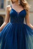 Sparkly Navy Appliqued Spaghetti Straps Beaded Long Prom Dress