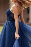 Sparkly Navy Appliqued Spaghetti Straps Beaded Long Prom Dress