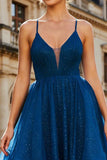 Sparkly Navy Spaghetti Straps Beaded Long Prom Dress with Ruffles
