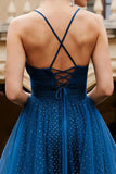 Sparkly Navy Spaghetti Straps Beaded Long Prom Dress with Ruffles