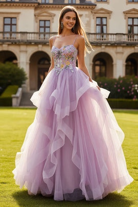 Lilac Floral Spaghetti Straps Tulle A Line Long Prom Dress with Ruffles