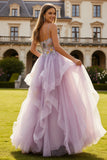 Lilac Floral Spaghetti Straps Tulle A Line Long Prom Dress with Ruffles