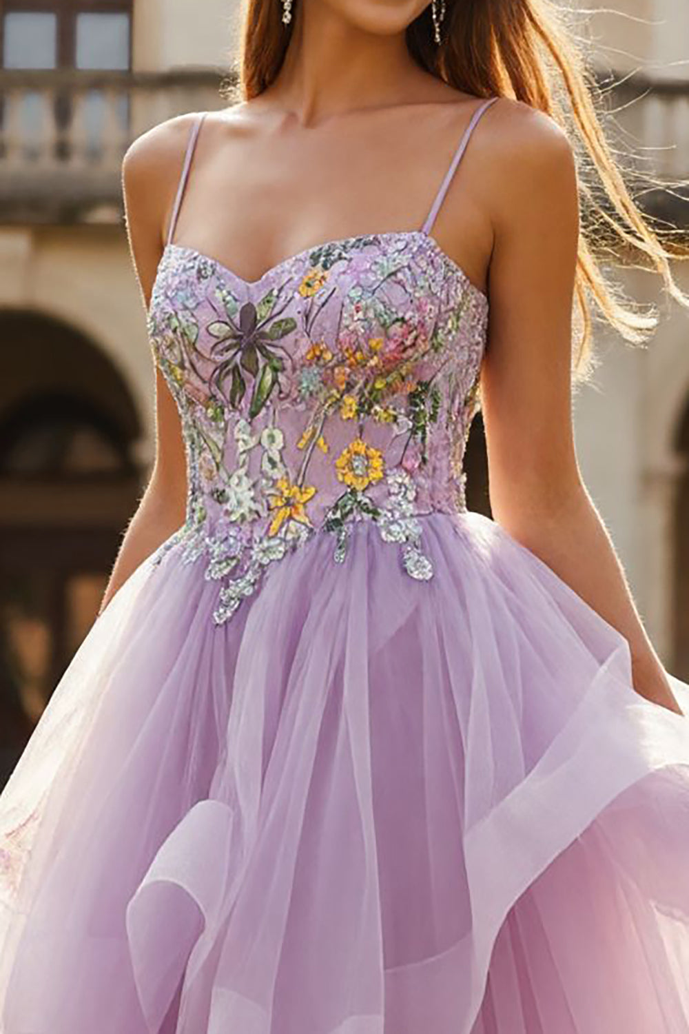 Lilac Floral Spaghetti Straps Tulle A Line Long Prom Dress with Ruffles