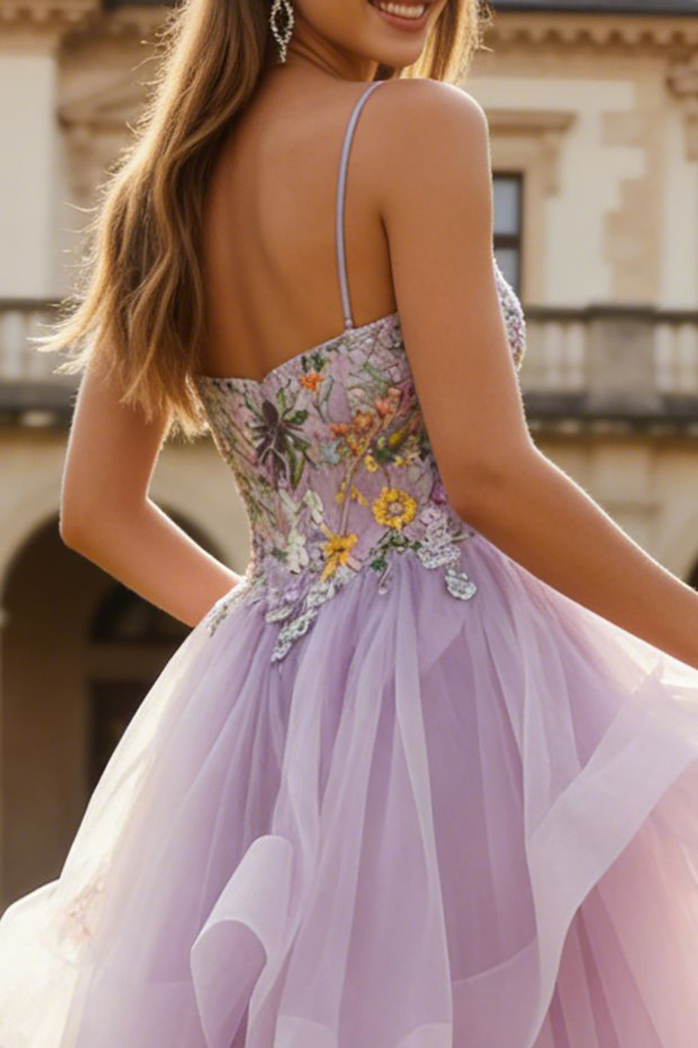 Lilac Floral Spaghetti Straps Tulle A Line Long Prom Dress with Ruffles