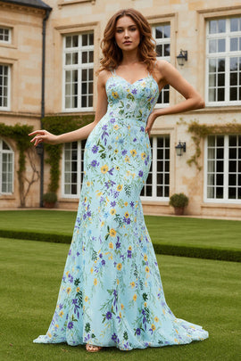 Floral Green Mermaid Spaghetti Straps Long Prom Dress