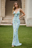 Green Floral Mermaid Spaghetti Straps V-Neck Long Prom Dress