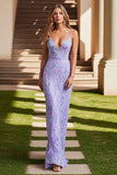 Sparkly Lilac Mermaid Sequin Spaghetti Straps Long Prom Dress