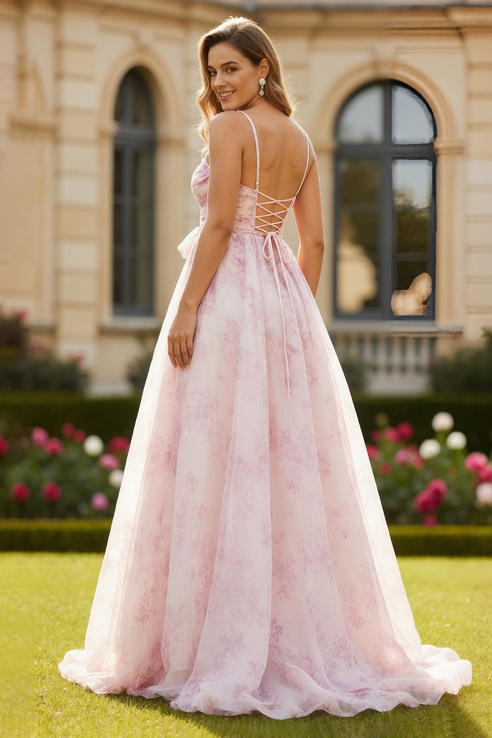 Blush Floral A Line Spaghetti Straps Long Prom Dress with Bow