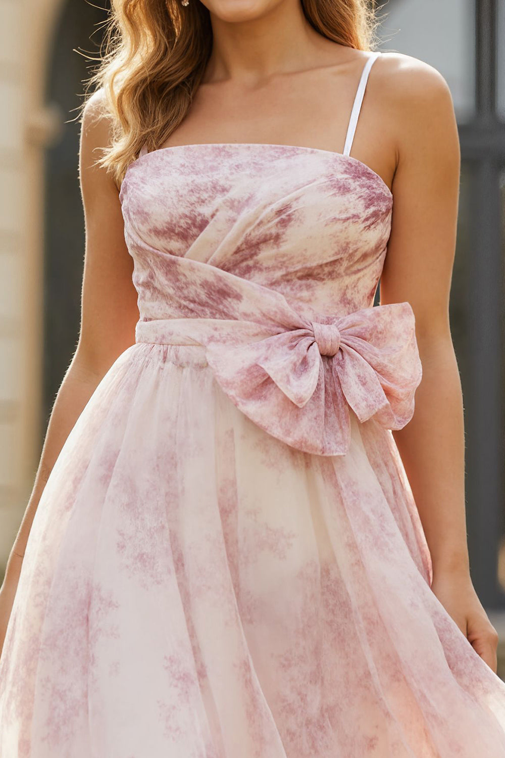 Blush Floral A Line Spaghetti Straps Long Prom Dress with Bow