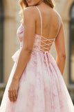 Blush Floral A Line Spaghetti Straps Long Prom Dress with Bow