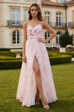 Floral Blush Spaghetti Straps A Line Tulle Long Prom Dress with Slit