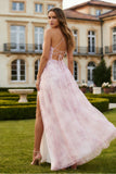 Floral Blush Spaghetti Straps A Line Tulle Long Prom Dress with Slit