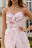 Floral Blush Spaghetti Straps A Line Tulle Long Prom Dress with Slit