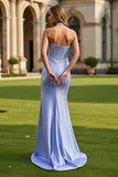 Sparkly Light Blue Mermaid Halter Neck Ruched Long Corset Prom Dress with Slit