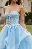 Sky Blue Tulle Appliqued Spaghetti Straps Long Corset Prom Dress with Ruffles