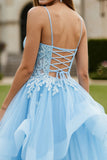 Sky Blue Tulle Appliqued Spaghetti Straps Long Corset Prom Dress with Ruffles
