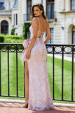 Sparkly Blush Pink Spaghetti Straps Mermaid Long Corset Prom Dress with Bow