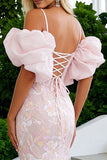 Blush Pink Lace Mermaid Cold Shoulder Long Corset Prom Dress