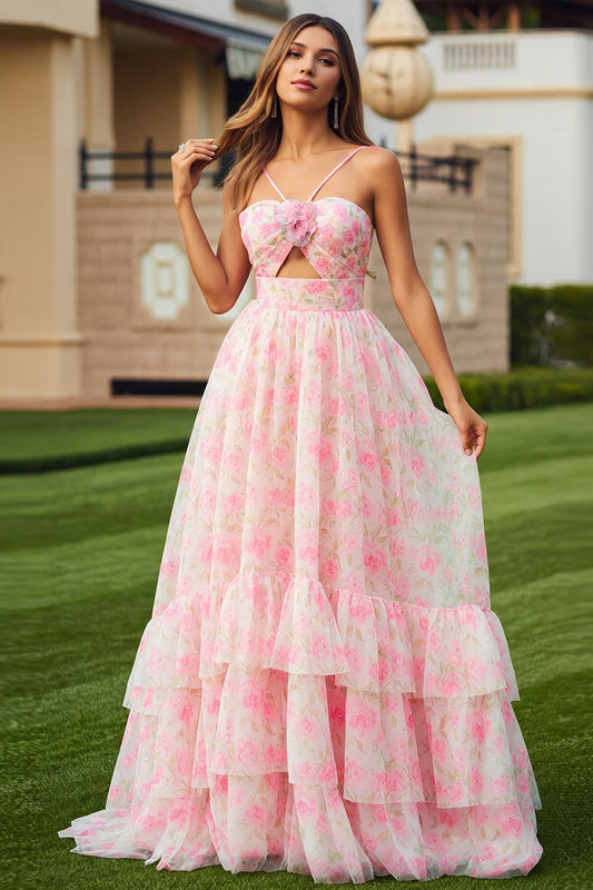 Floral Pink Spaghetti Straps Ruffled Long Prom Dress with Keyhole