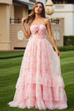 Floral Pink Spaghetti Straps Ruffled Long Prom Dress with Keyhole