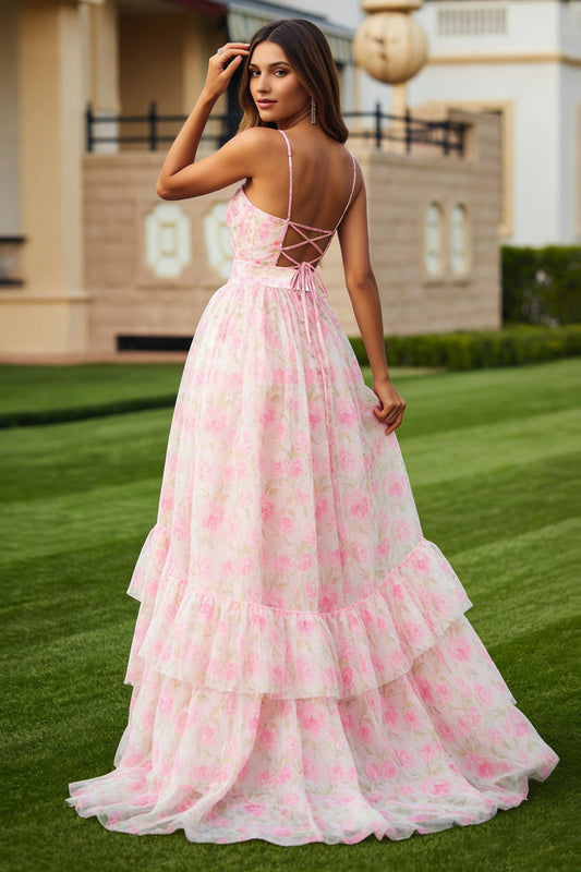 Floral Pink Spaghetti Straps Ruffled Long Prom Dress with Keyhole