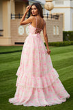 Floral Pink Spaghetti Straps Ruffled Long Prom Dress with Keyhole