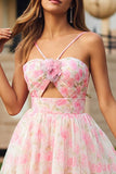 Floral Pink Spaghetti Straps Ruffled Long Prom Dress with Keyhole