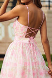 Floral Pink Spaghetti Straps Ruffled Long Prom Dress with Keyhole