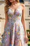 Floral Lilac Appliqued A Line Spaghetti Straps Long Prom Dress with Slit