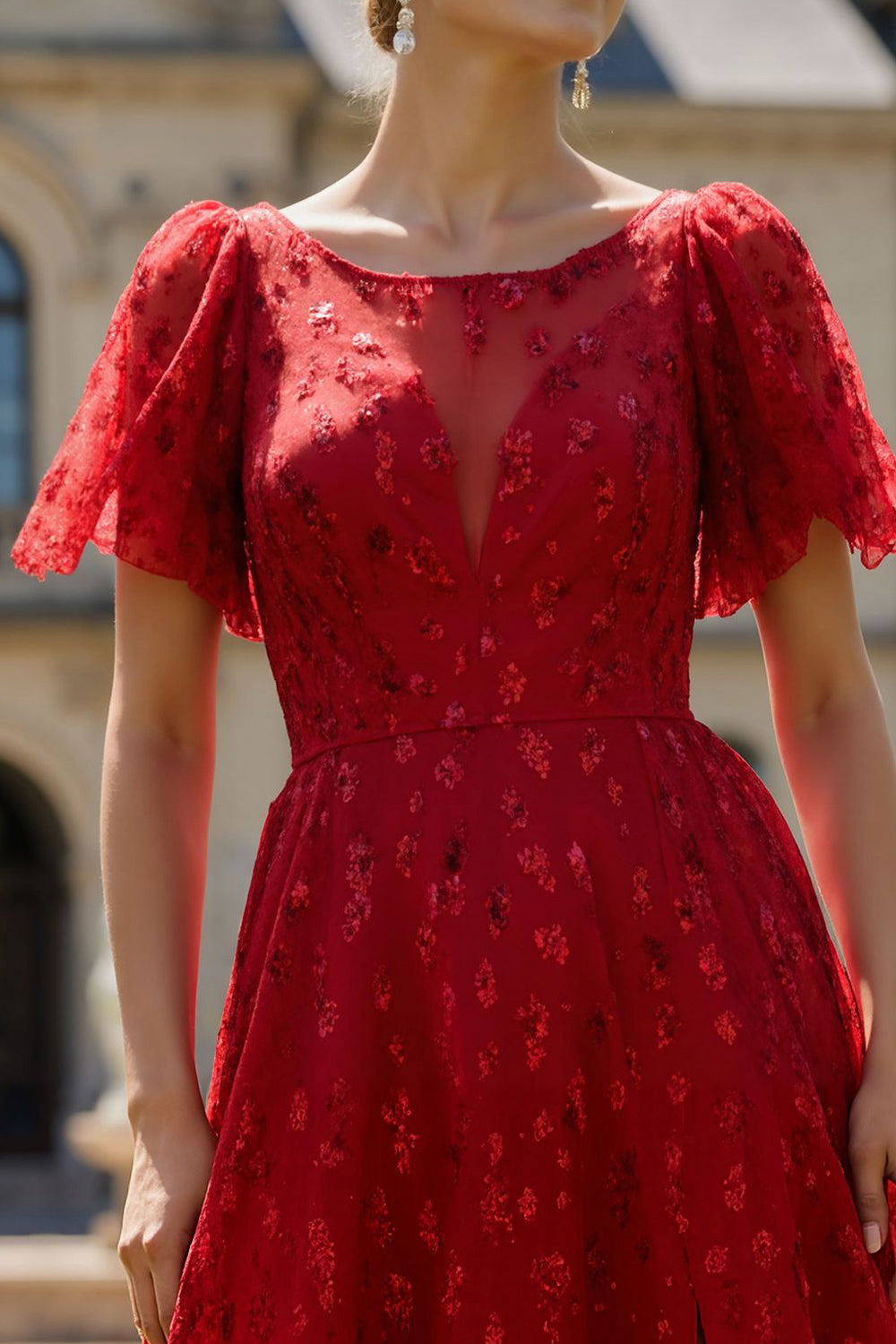 Sparkly Floral Dark Red A Line Boat Neck Long Prom Dress with Sleeves