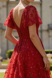 Sparkly Floral Dark Red A Line Boat Neck Long Prom Dress with Sleeves