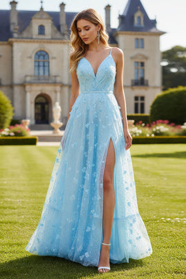 Sparkly Floral Sky Blue A Line Spaghetti Straps Long Prom Dress with Slit