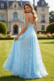 Sparkly Floral Sky Blue A Line Spaghetti Straps Long Prom Dress with Slit