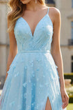 Sparkly Floral Sky Blue A Line Spaghetti Straps Long Prom Dress with Slit