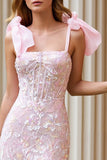 Floral Candy Pink Spaghetti Straps Sheath Lace Long Corset Prom Dress with Slit